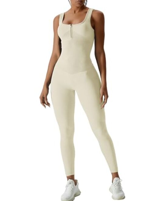 QINSEN Womens Zip Front Square Neck Tank Top Sleeveless Jumpsuit Long Pants Yoga Unitard Rommpers