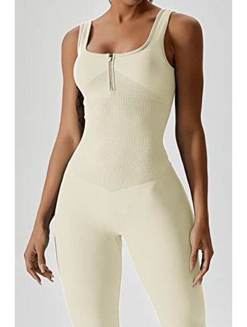 QINSEN Womens Zip Front Square Neck Tank Top Sleeveless Jumpsuit Long Pants Yoga Unitard Rommpers