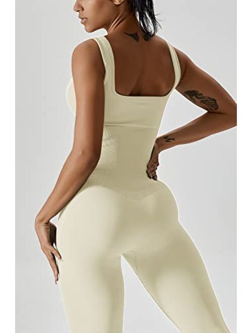 QINSEN Womens Zip Front Square Neck Tank Top Sleeveless Jumpsuit Long Pants Yoga Unitard Rommpers