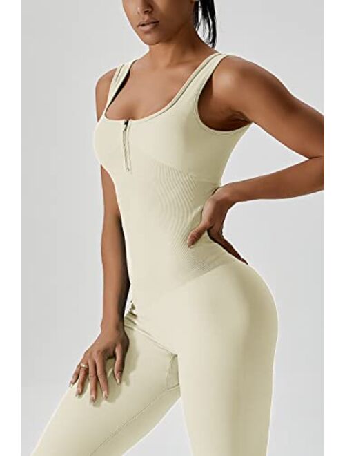 QINSEN Womens Zip Front Square Neck Tank Top Sleeveless Jumpsuit Long Pants Yoga Unitard Rommpers