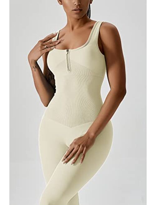 QINSEN Womens Zip Front Square Neck Tank Top Sleeveless Jumpsuit Long Pants Yoga Unitard Rommpers