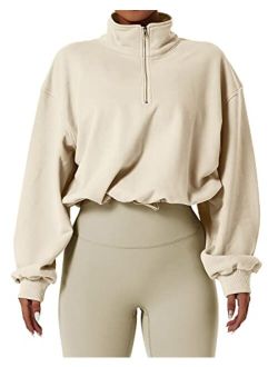 Women's Half Zip Crop Sweatshirt High Neck Long Sleeve Pullover Athletic Cropped Tops