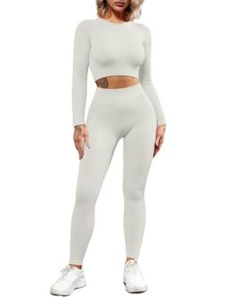 Seamless Workout Outfits for Women 2 Piece Ribbed Long Sleeve Crop Top Tummy Control Leggings Sets