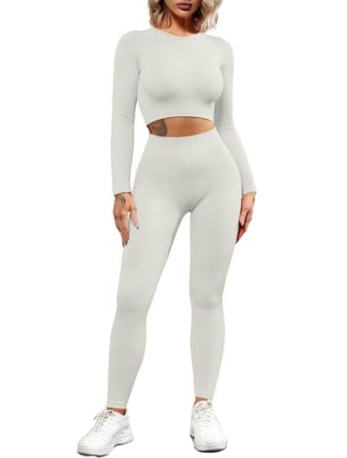 QINSEN Seamless Workout Outfits for Women 2 Piece Ribbed Long Sleeve Crop Top Tummy Control Leggings Sets