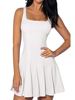 Womens Sleeveless Tennis Dress with Shorts Square Neck Ribbed Pleated Athletic Dresses