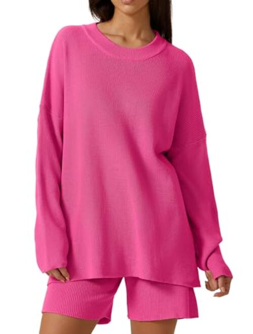 QINSEN Lounge Set for Women Long Sleeve Pullover Sweater with Shorts Two Pieces Loungewear