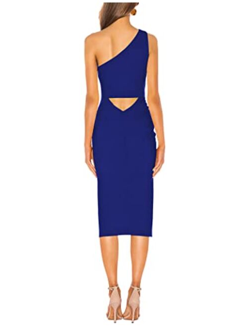 Sarin Mathews Womens One Shoulder Ruched Bodycon Dress Sexy Sleeveless Slit Midi Party Cocktail Wedding Guest Dresses