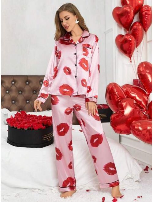 Lips Print Long Sleeve & Pants Pajama Set
