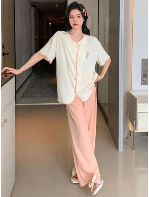 DAZY Contrast Trim Embroidery Detail Button Front PJ Set
