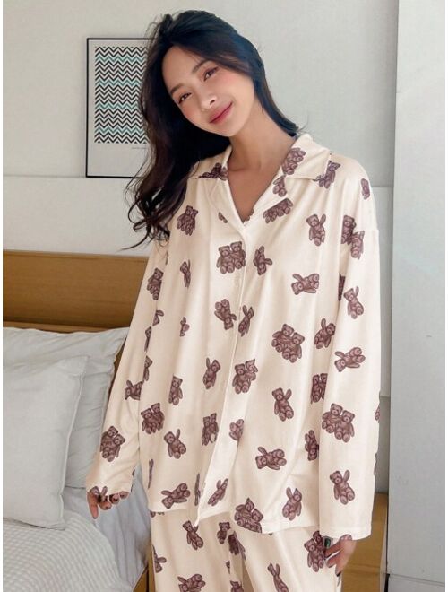 DAZY Bear Print Button Front PJ Set