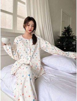 Ladies' Heart Print Raglan Sleeve Top & Pants Pajama Set