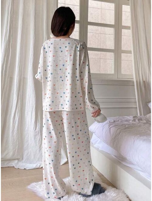 DAZY Ladies' Heart Print Raglan Sleeve Top & Pants Pajama Set