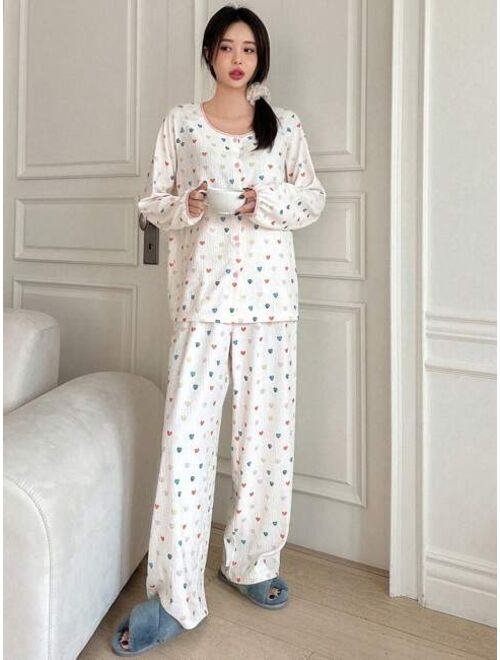 DAZY Ladies' Heart Print Raglan Sleeve Top & Pants Pajama Set