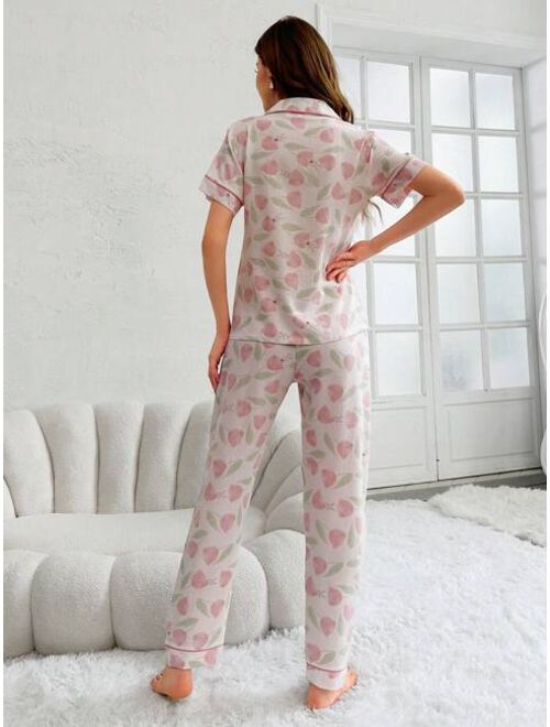 Women's Fashionable Tulip Flower Pattern Short Sleeve Shirt And Long Pants Pajama Set