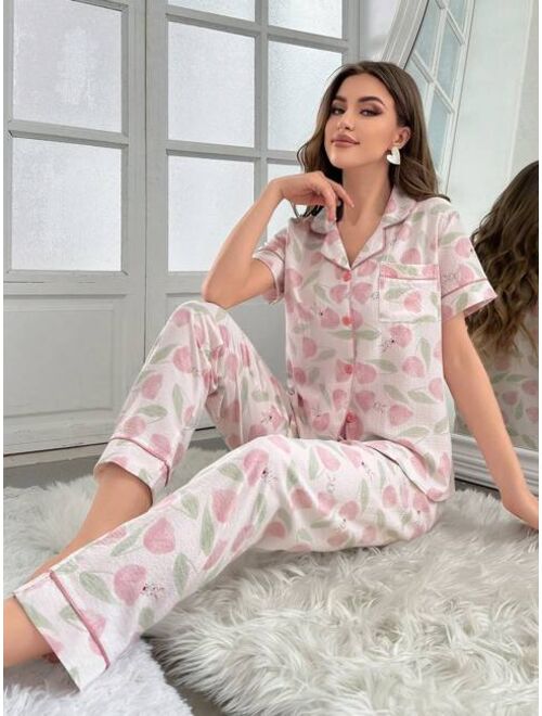 Women's Fashionable Tulip Flower Pattern Short Sleeve Shirt And Long Pants Pajama Set
