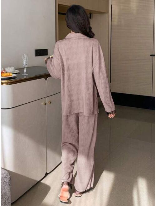 DAZY Contrast Lace Trim Pocket Front Drop Shoulder PJ Set