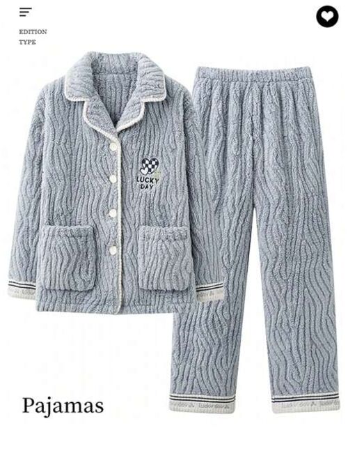 Flannel New Year Gift Women'S Casual Loose Fit Long Sleeve Long Pants Pajama Set With Letter & Heart Embroidery, Cute And Sweet