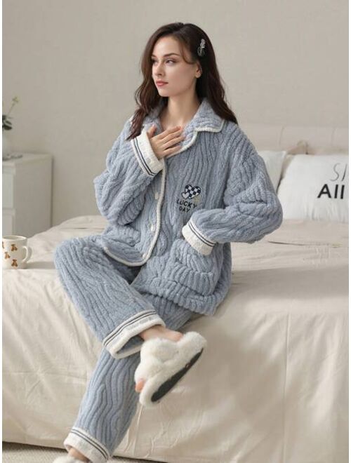 Flannel New Year Gift Women'S Casual Loose Fit Long Sleeve Long Pants Pajama Set With Letter & Heart Embroidery, Cute And Sweet