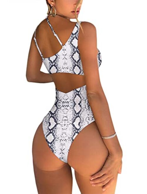 QINSEN Womens One Shoulder Cutout Ruched Back High Cut Monokini One Piece Swimsuit