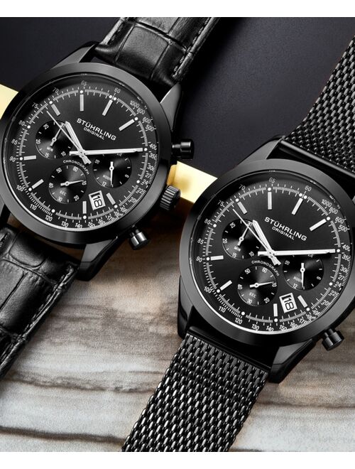 Stuhrling Men's Quartz Chronograph Date Black Stainless Steel Mesh Bracelet Watch 44mm