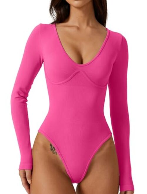 QINSEN Women's Sexy V Neck Bodysuit Long Sleeve Bodycon Stretch Plunge Shirt Tops