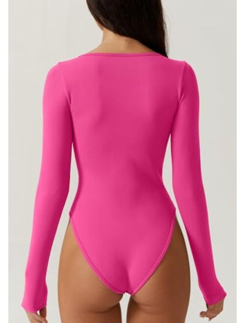 QINSEN Women's Sexy V Neck Bodysuit Long Sleeve Bodycon Stretch Plunge Shirt Tops