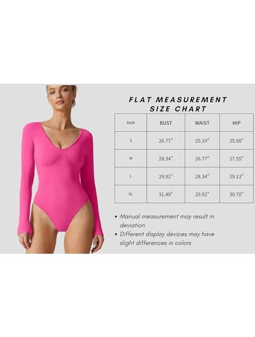 QINSEN Women's Sexy V Neck Bodysuit Long Sleeve Bodycon Stretch Plunge Shirt Tops
