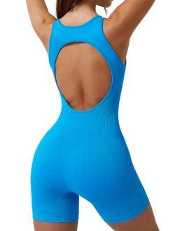 Women's Square Neck Open Back Romper One Piece Tummy Control Workout Unitard Short Jumpsuits