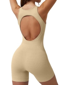 Women's Square Neck Open Back Romper One Piece Tummy Control Workout Unitard Short Jumpsuits