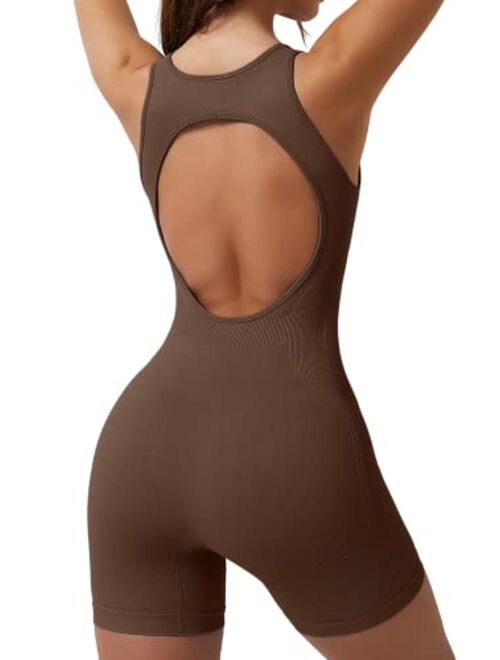 QINSEN Women's Square Neck Open Back Romper One Piece Tummy Control Workout Unitard Short Jumpsuits