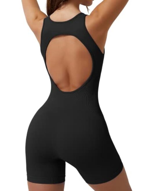 QINSEN Women's Square Neck Open Back Romper One Piece Tummy Control Workout Unitard Short Jumpsuits