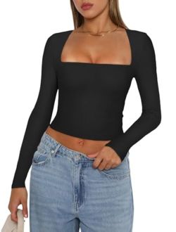 Women's Sexy Square Neck Long Sleeve Y2K Going Out T Shirt Crop Top