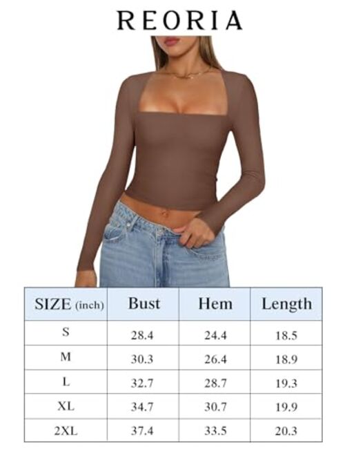 REORIA Women's Sexy Square Neck Long Sleeve Y2K Going Out T Shirt Crop Top