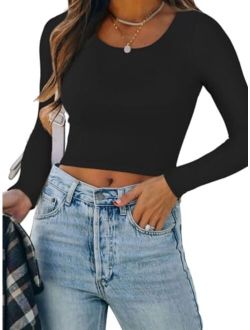 Women's Casual Long Sleeve Crew Neck Double Lined Tight T Shirts Crop Tops Basic Tee Tops