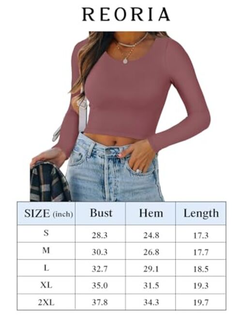 REORIA Women's Casual Long Sleeve Crew Neck Double Lined Tight T Shirts Crop Tops Basic Tee Tops