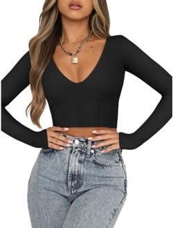 Women's Sexy Deep V Neck Double Lined Long Sleeve Y2K Going Out T Shirt Crop Top