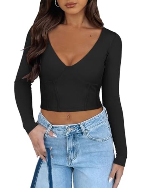 REORIA Women's Sexy Deep V Neck Double Lined Long Sleeve Y2K Going Out T Shirt Crop Top