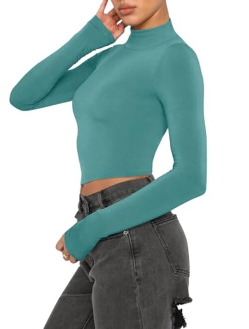 REORIA Women's Cute Mock Turtleneck Long Sleeve Ribbed Tight Tshirts Crop Tops