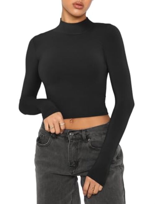 REORIA Women's Cute Mock Turtleneck Long Sleeve Ribbed Tight Tshirts Crop Tops