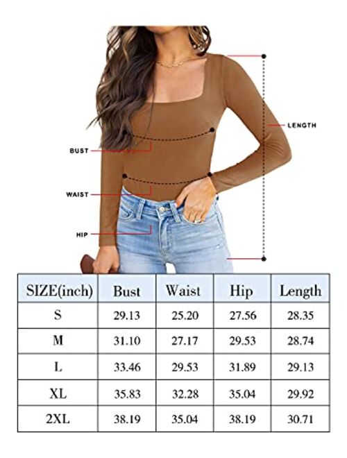 REORIA Womens Sexy Square Neck Double Lined Long Sleeve Bodysuit Tops Jumpsuits