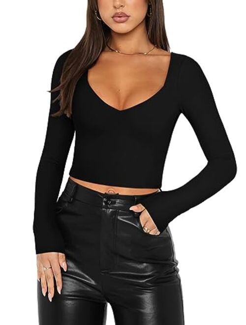 REORIA Women's Sexy V Neck Long Sleeve Slim Fitted Cropped T Shirts Fall Fashion Going Out Crop Tops