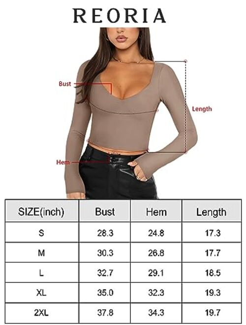 REORIA Women's Sexy V Neck Long Sleeve Slim Fitted Cropped T Shirts Fall Fashion Going Out Crop Tops