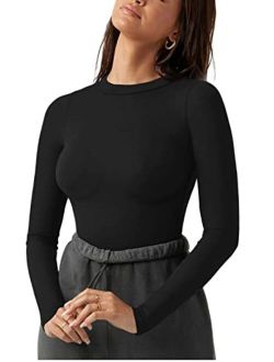 Women's Fashion Crew Neck Double lined Long Sleeve T Shirts Bodysuits Tops Jumpsuit