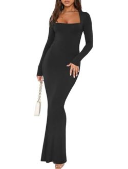 Women's Sexy Square Neck Long Sleeve Bodycon Maxi Dress Casual Ribbed Soft Lounge Dresses