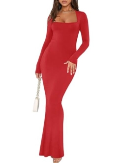 Women's Sexy Square Neck Long Sleeve Bodycon Maxi Dress Casual Ribbed Soft Lounge Dresses