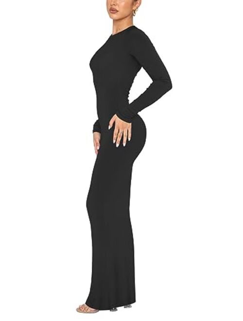 REORIA Women's Sexy Crew Neck Lounge Long Dress Elegant Long Sleeve Ribbed Bodycon Maxi Dresses