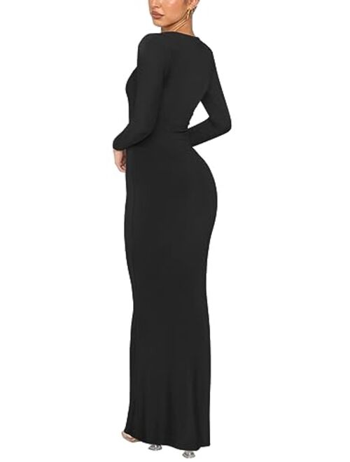 REORIA Women's Sexy Crew Neck Lounge Long Dress Elegant Long Sleeve Ribbed Bodycon Maxi Dresses