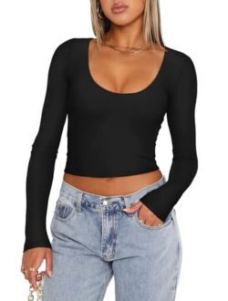 Women's Casual Scoop Neck Double Lined Long Sleeve Slim Fitted Tshirts Y2K Workout Crop Tops