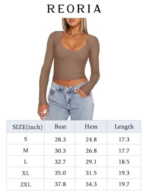 REORIA Women's Casual Scoop Neck Double Lined Long Sleeve Slim Fitted Tshirts Y2K Workout Crop Tops