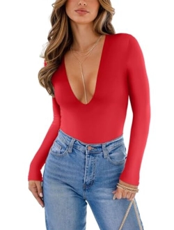 Women's Sexy Plunge Deep V Neck Long Sleeve Bodysuit Double Lined Going Out T Shirt Tops